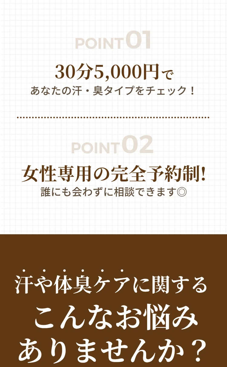 POINT01 30分5,000円であなたの汗・臭タイプをチェック。POINT02 女性専用の完全予約制、誰にも会わずに相談できます。汗や体臭ケアに関するこんなお悩みありませんか？ 周りから臭いと思われていないか不安な方、自分の汗や体臭を客観的に知りたい方、自分に合う体臭ケア方法を知りたい方、実践している体臭ケア方法の効果を知りたい方、人に相談しづらい体臭の悩みを相談したい方、気にしすぎだよと言われても体臭が気になってしまう方、病院や手術に行くのは不安な方。香りノートの汗とニオイのパーソナル診断はこのようなお悩みにお応えします