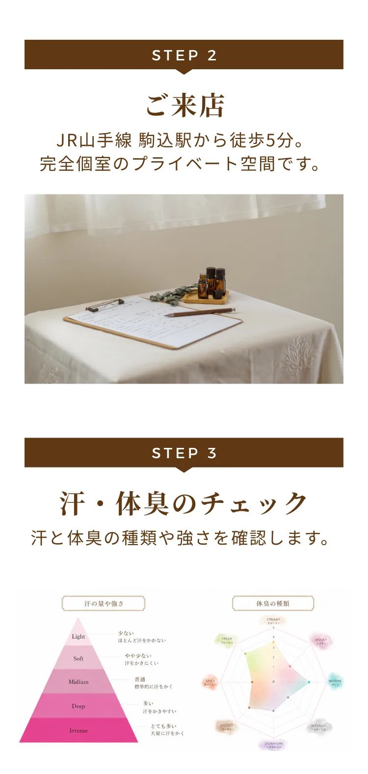 STEP2 ご来店：JR山手線 駒込駅から徒歩5分、完全個室のプライベート空間です。STEP3 汗・体臭のチェック：汗と体臭の種類や強さを確認します。STEP4 ご相談・カウンセリング